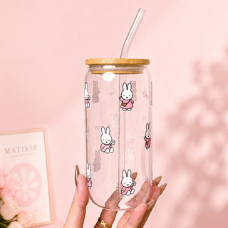 Cốc Thuỷ Tinh Miffy 500ml, Ly Thuỷ Tinh Cute Chịu Nhiệt Kèm Phụ Kiện, Quà Tặng Sinh Nhật