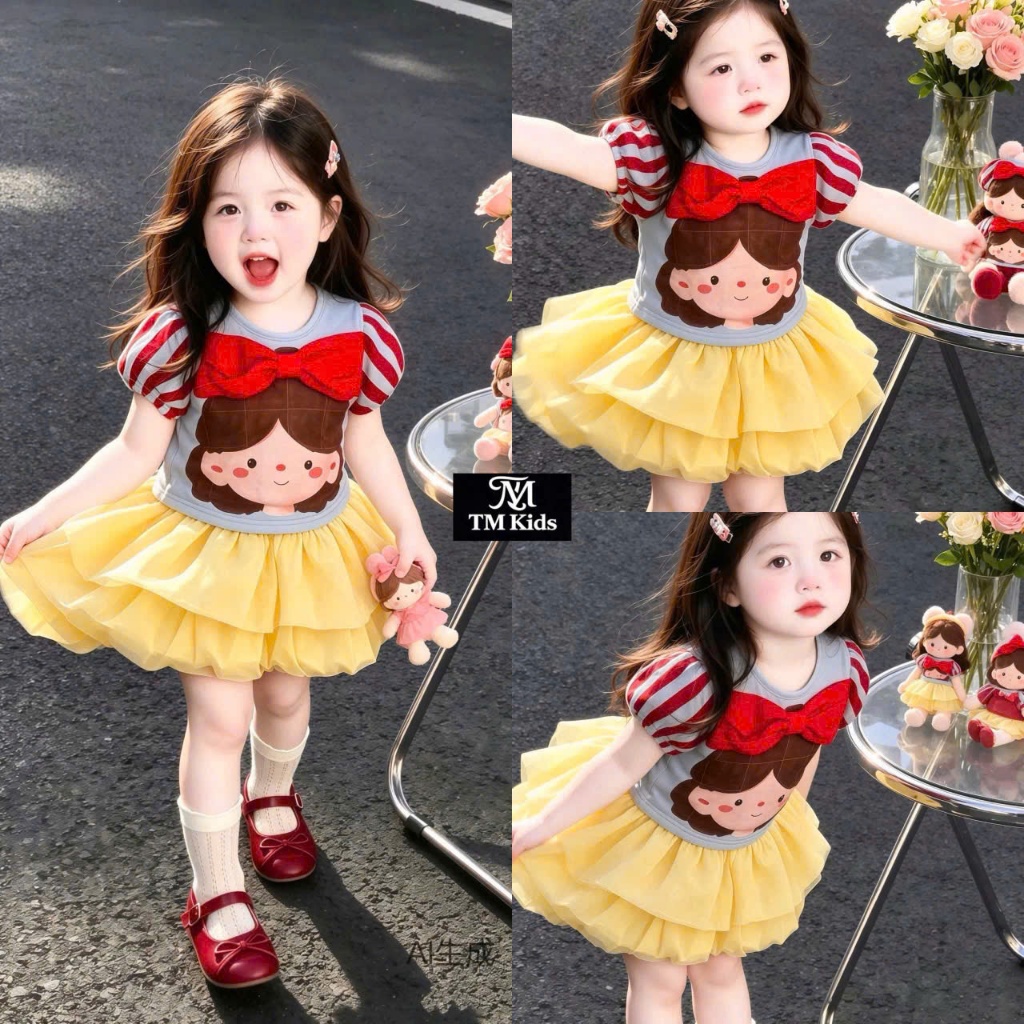 Set bé gái sành điệu, đồ bộ bé gái, áo in hình cô bé phối nơ đỏ nổi bật mix quần bí phồng 2 tầng 10-30kg Hami Kids