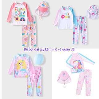 Bk64 Đồ bơi bé gái dài tay size 10-38kg phôi màu xinh xắn, bikini bé gái 2 mảnh kèm mũ