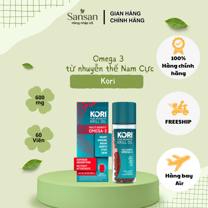 Kori Krill Oil Omega-3 600mg 60 Viên Nang Mềm - Dầu Nhuyễn Thể Nam Cực Hỗ Trợ Tim Mạch, Não Bộ, Mắt, Khớp, Miễn Dịch