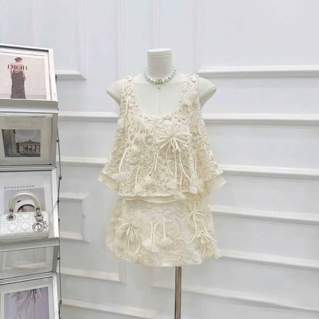 Set Áo Ren Sát Nách Đính Hoa Nơ Thủ Công Kèm Chân Váy A Màu Kem Xinh, Bộ Đồ Nữ - CHAMIE STUDIO