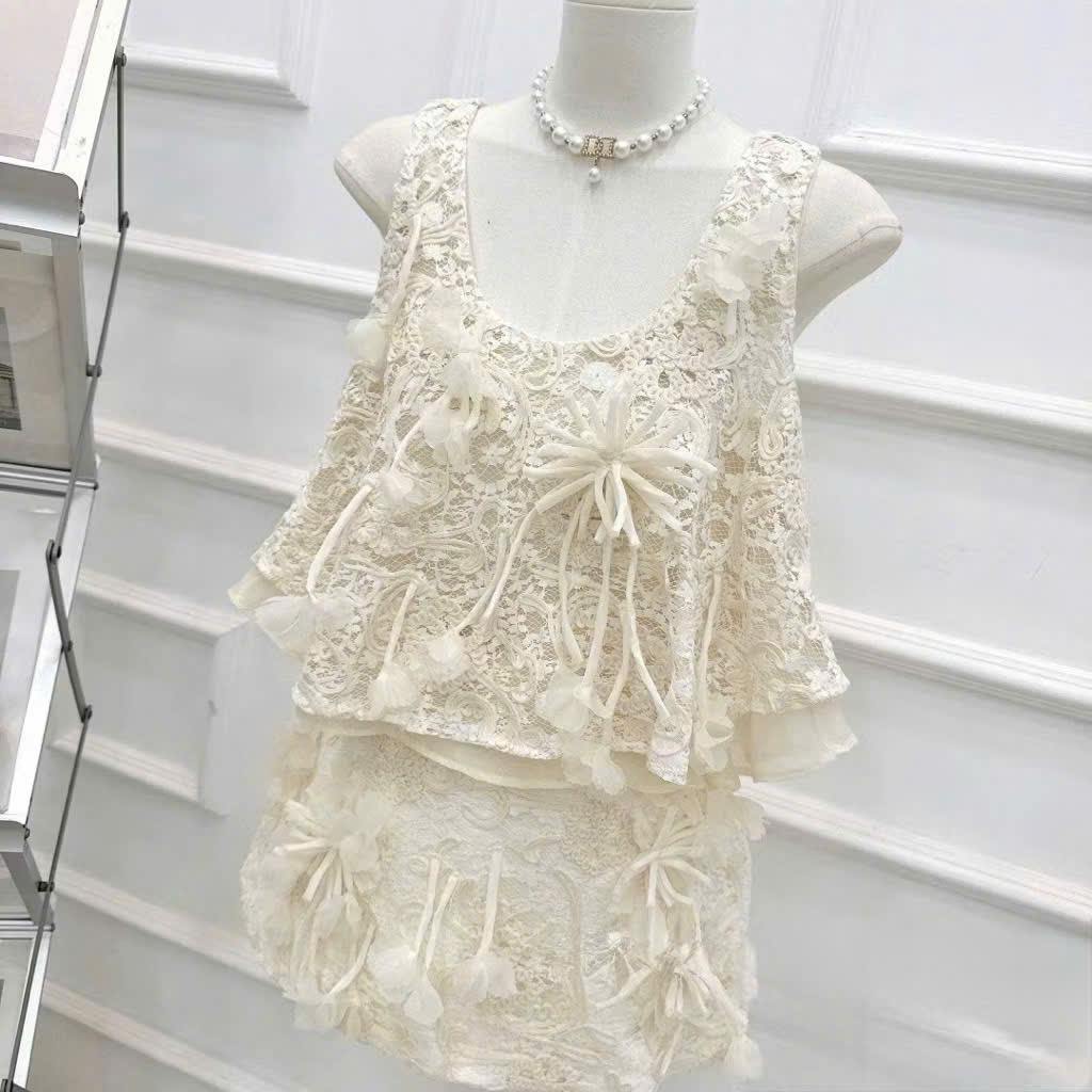 Set Áo Ren Sát Nách Đính Hoa Nơ Thủ Công Kèm Chân Váy A Màu Kem Xinh, Bộ Đồ Nữ - CHAMIE STUDIO