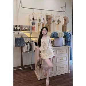 Set Áo Ren Sát Nách Đính Hoa Nơ Thủ Công Kèm Chân Váy A Màu Kem Xinh, Bộ Đồ Nữ - CHAMIE STUDIO