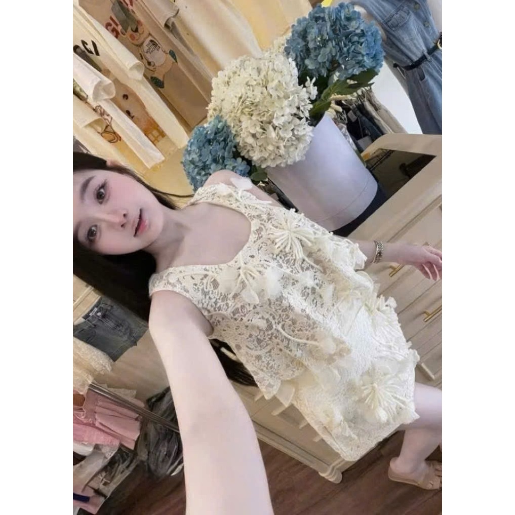 Set Áo Ren Sát Nách Đính Hoa Nơ Thủ Công Kèm Chân Váy A Màu Kem Xinh, Bộ Đồ Nữ - CHAMIE STUDIO