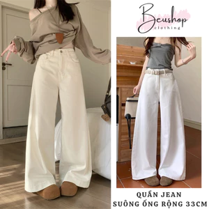 Quần Jean Basic Nữ Trắng Be Suông Ống Rộng Lưng Cao Dáng Dài Quần Bò Unisex Ôm Eo Tôn Dáng HOTTREND