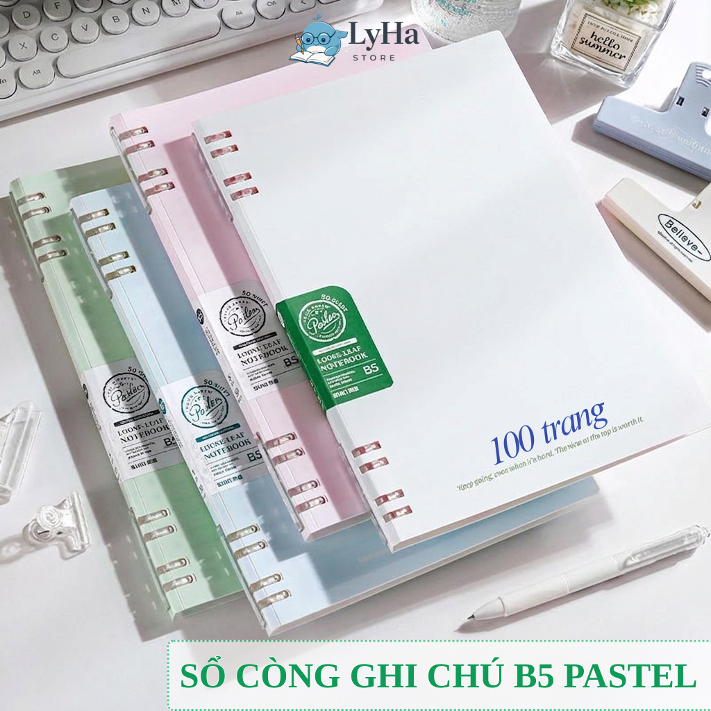Sổ Còng B5 Ghi Chép Soạn Thảo , NoteBook Màu Pastel 100 Trang Kín Gáy Cao Cấp, Sổ Tiện Dụng cho HSSV
