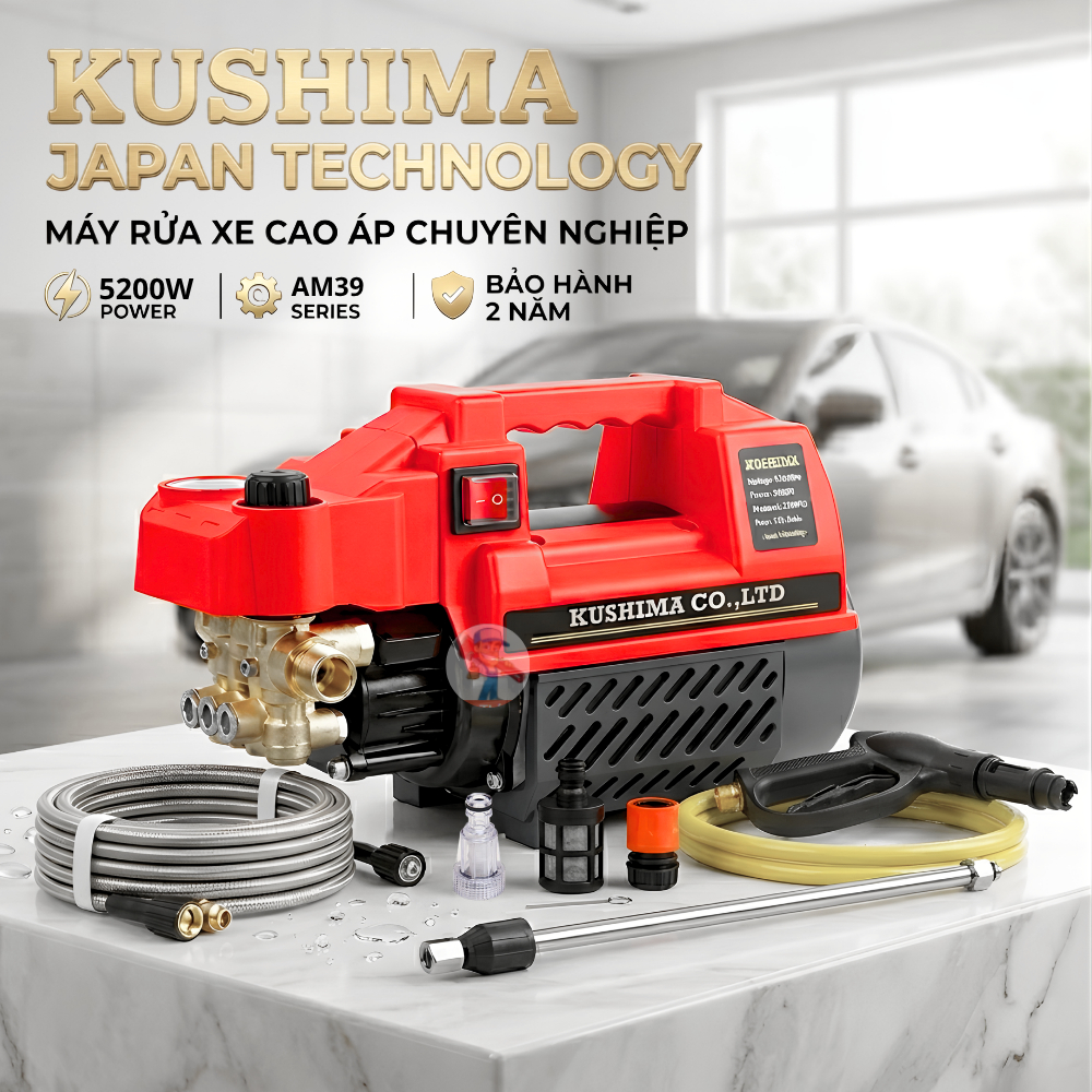 [BH 36 Tháng] Máy rửa xe áp lực cao KUSHIMA  AM39 - Công suất lớn, JP Technology, Tặng bộ phụ kiện