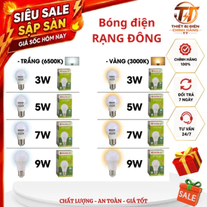 Bóng đèn led, bèn led bulb Rạng Đông 3w 5w 7w 9w đui e27 ánh sáng trắng vàng tiết kiệm điện