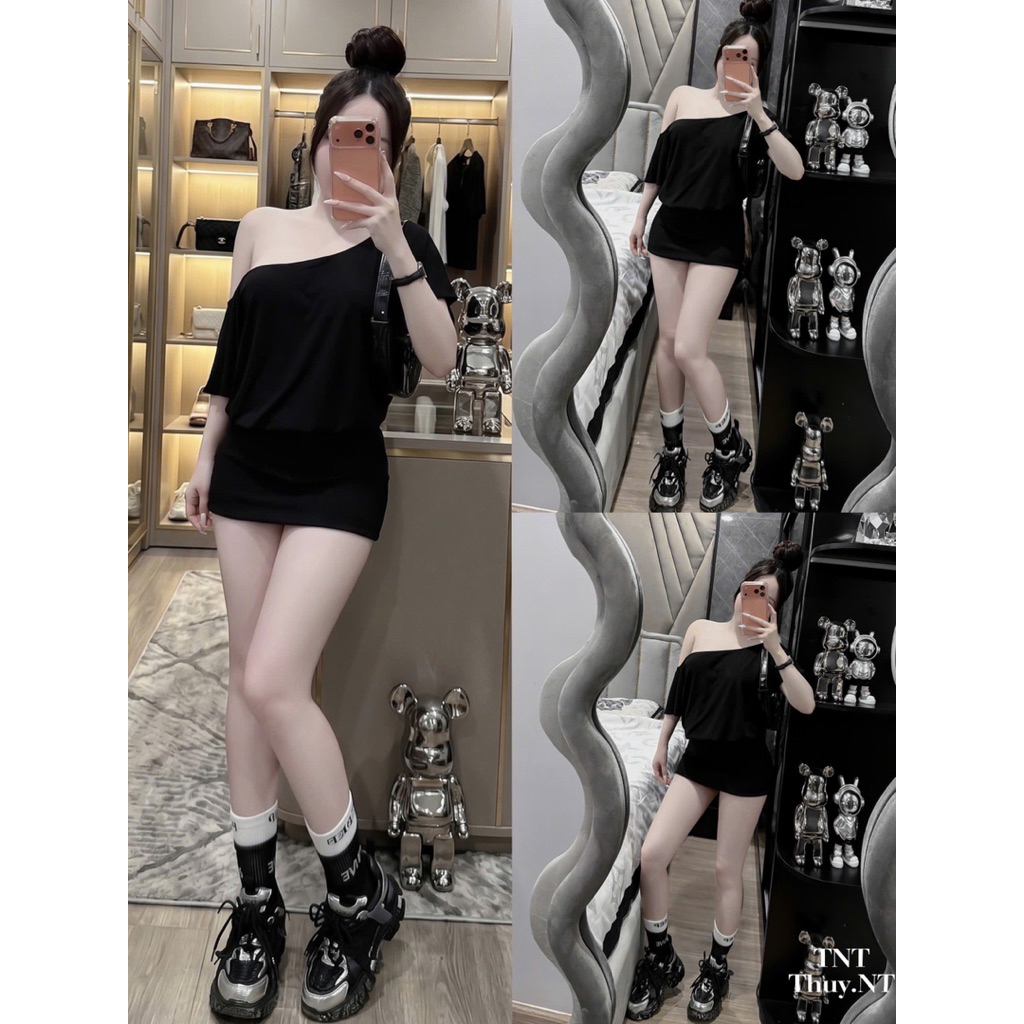 👍Qc váy thun lệch vai hở lưng dây buộc 1743