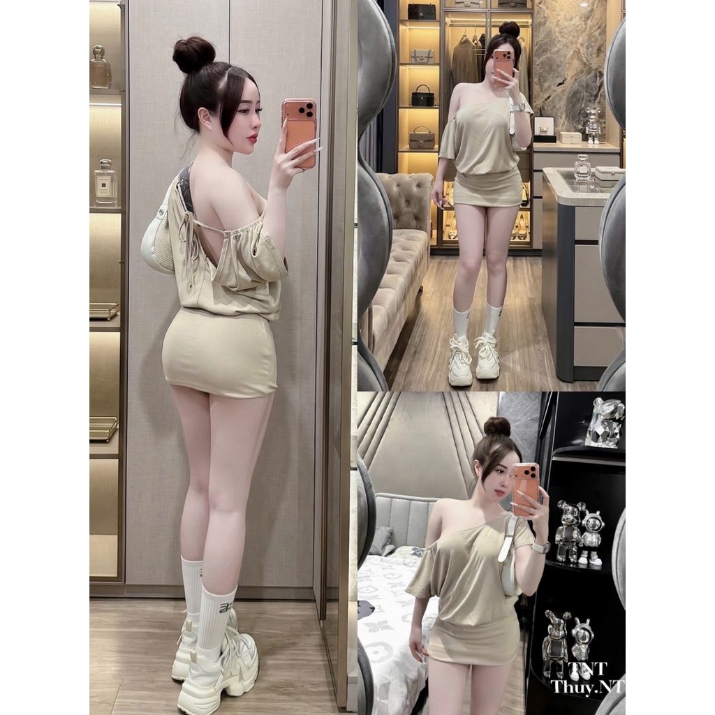 👍Qc váy thun lệch vai hở lưng dây buộc 1743