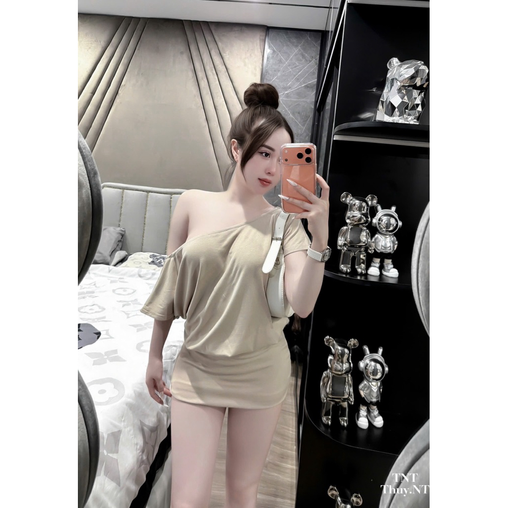 👍Qc váy thun lệch vai hở lưng dây buộc 1743