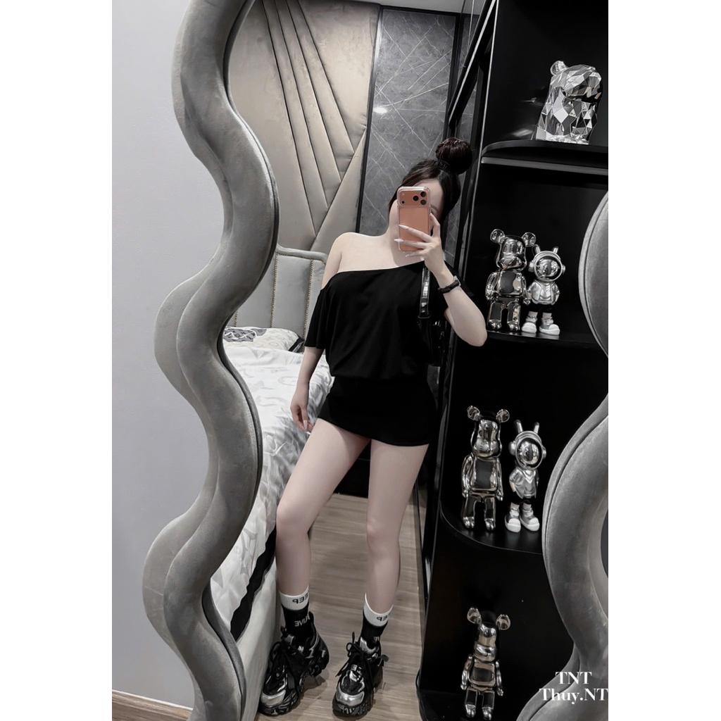 👍Qc váy thun lệch vai hở lưng dây buộc 1743