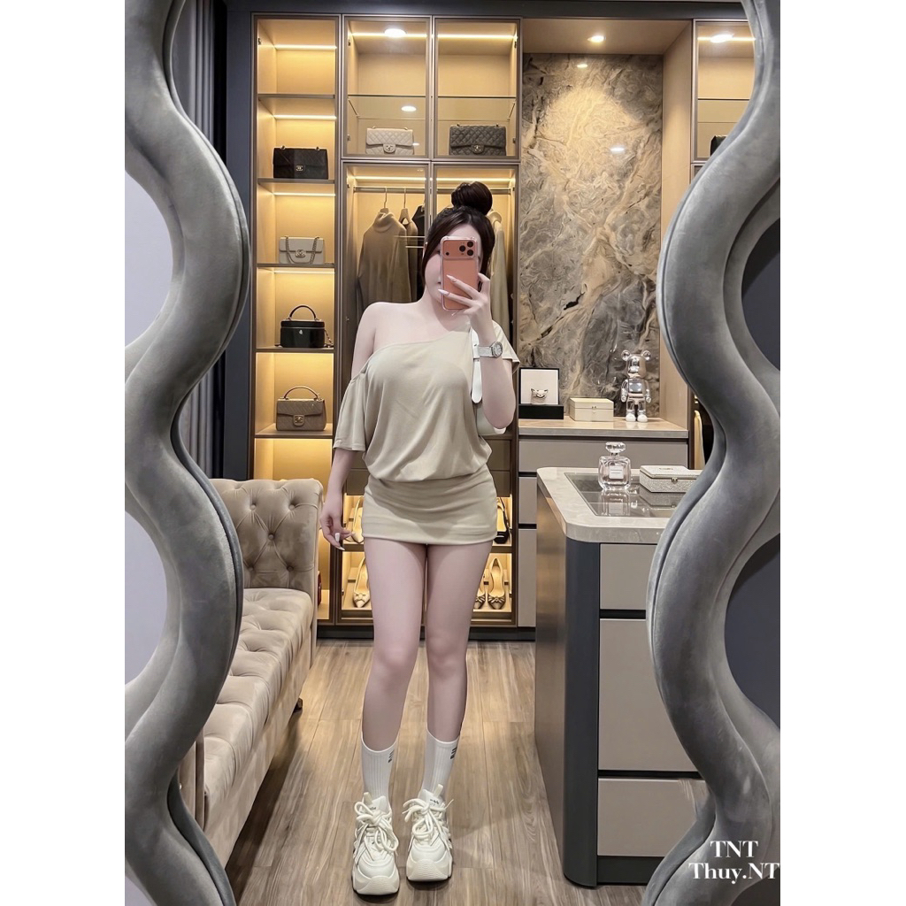 👍Qc váy thun lệch vai hở lưng dây buộc 1743