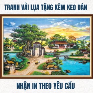 Tranh 3D Đồng Quê dán tường, tranh làng quê, tranh cánh đồng lúa chín, tranh in trên chất liệu vải lụa(tặng kèm keo dán)