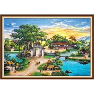 Tranh 3D dán tường Đồng Quê, tranh làng quê, tranh cánh đồng lúa chín, tranh in trên chất liệu vải lụa(tặng kèm keo dán)