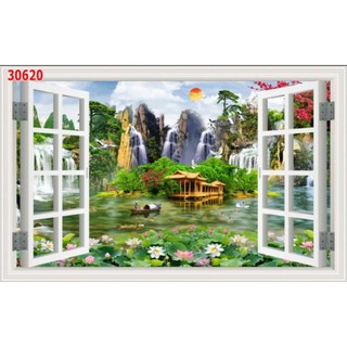 Tranh cửa sổ 3D dán tường in trên chất liệu vải lụa (shop tặng kèm keo dán), tranh dán phòng khách, tranh dán phòng ngủ
