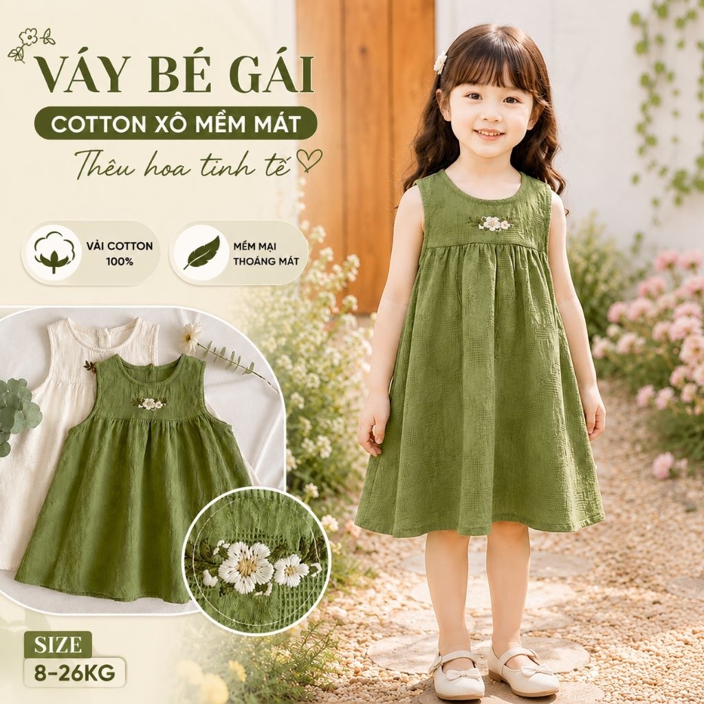 Váy Bé Gái Cotton Xô Mềm, Dệt Thưa Thoáng Mát, Dáng Xòe Thêu Hoa Xinh Xắn - V05