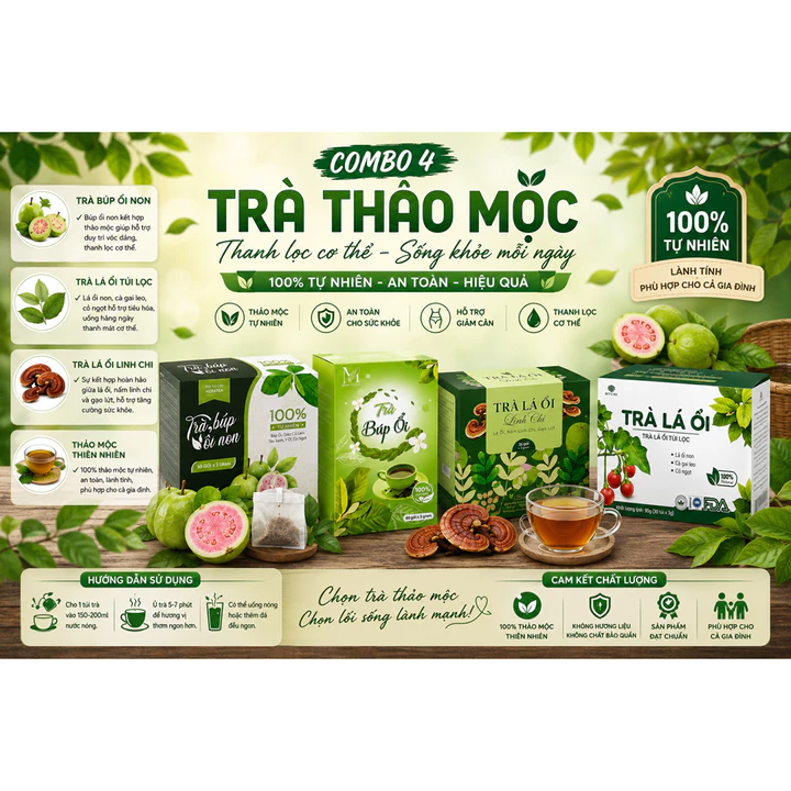Combo 4 Loại Trà Lá Ổi Túi Lọc, Trà Búp Ổi Non, Trà Lá Ổi Linh Chi, Thảo Mộc Thiên Nhiên