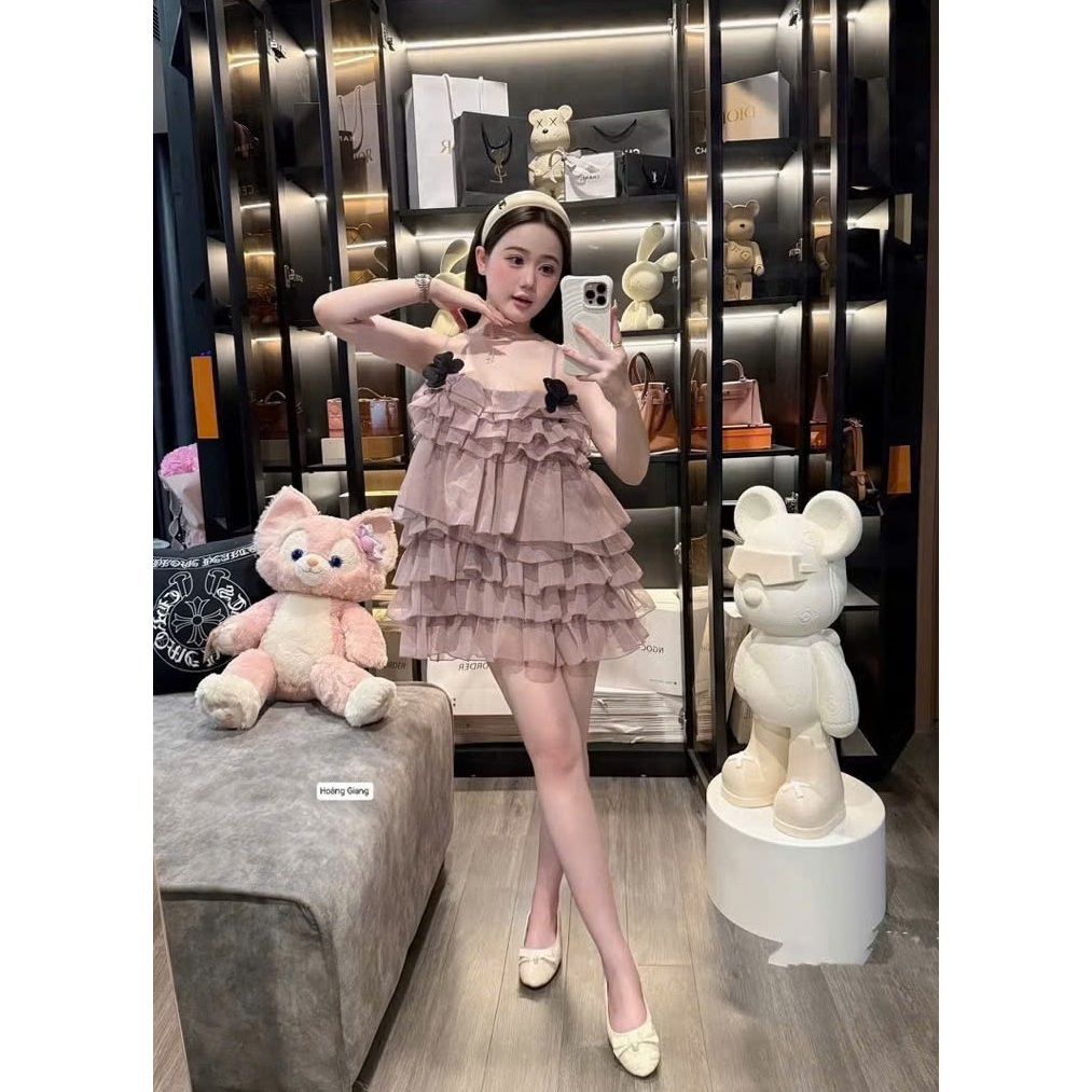 Set Bộ 2 Dây Voan Tơ Xếp Tầng Babydoll Đính Hoa Nổi 3D Kèm Quần Short Đi Chơi - CHAMIE STUDIO
