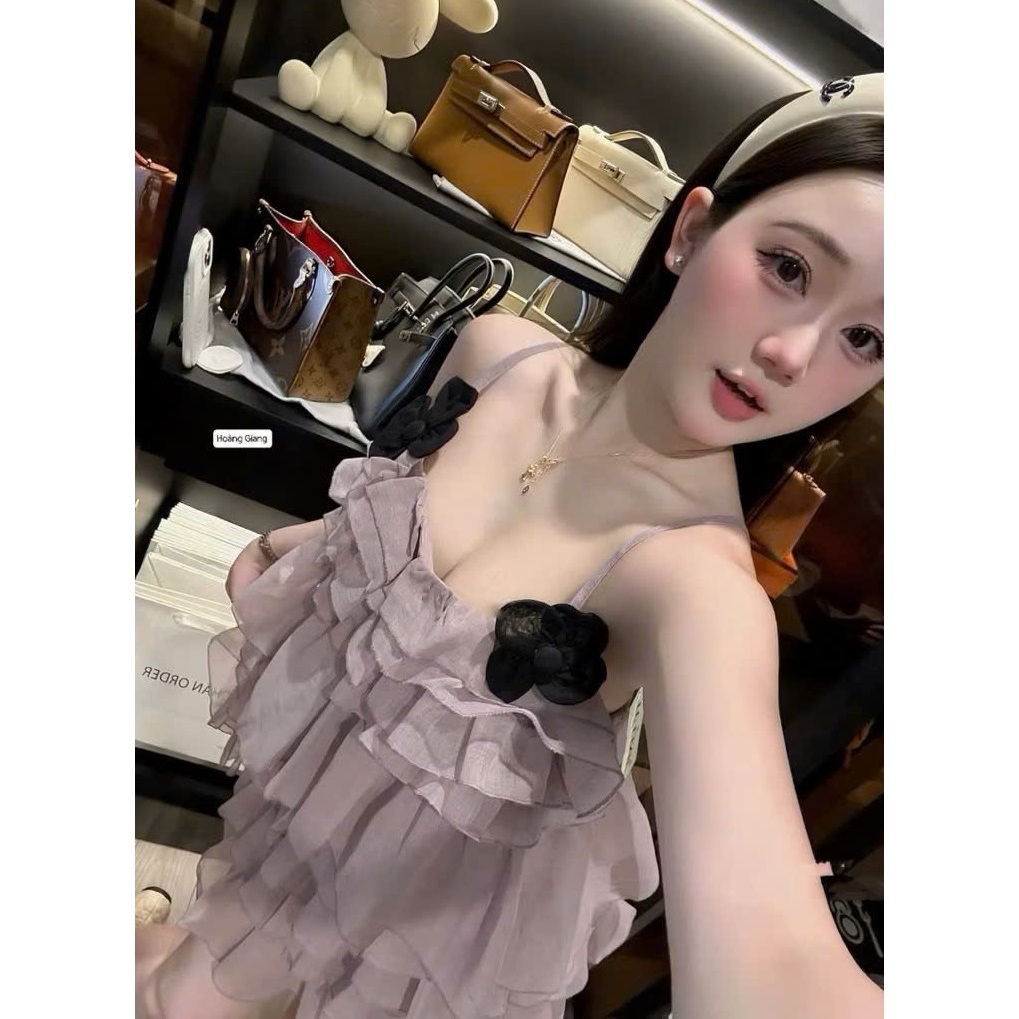 Set Bộ 2 Dây Voan Tơ Xếp Tầng Babydoll Đính Hoa Nổi 3D Kèm Quần Short Đi Chơi - CHAMIE STUDIO