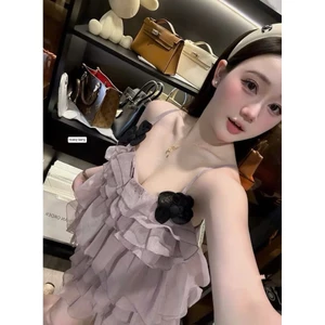 Set Bộ 2 Dây Voan Tơ Xếp Tầng Babydoll Đính Hoa Nổi 3D Kèm Quần Short Đi Chơi - CHAMIE STUDIO