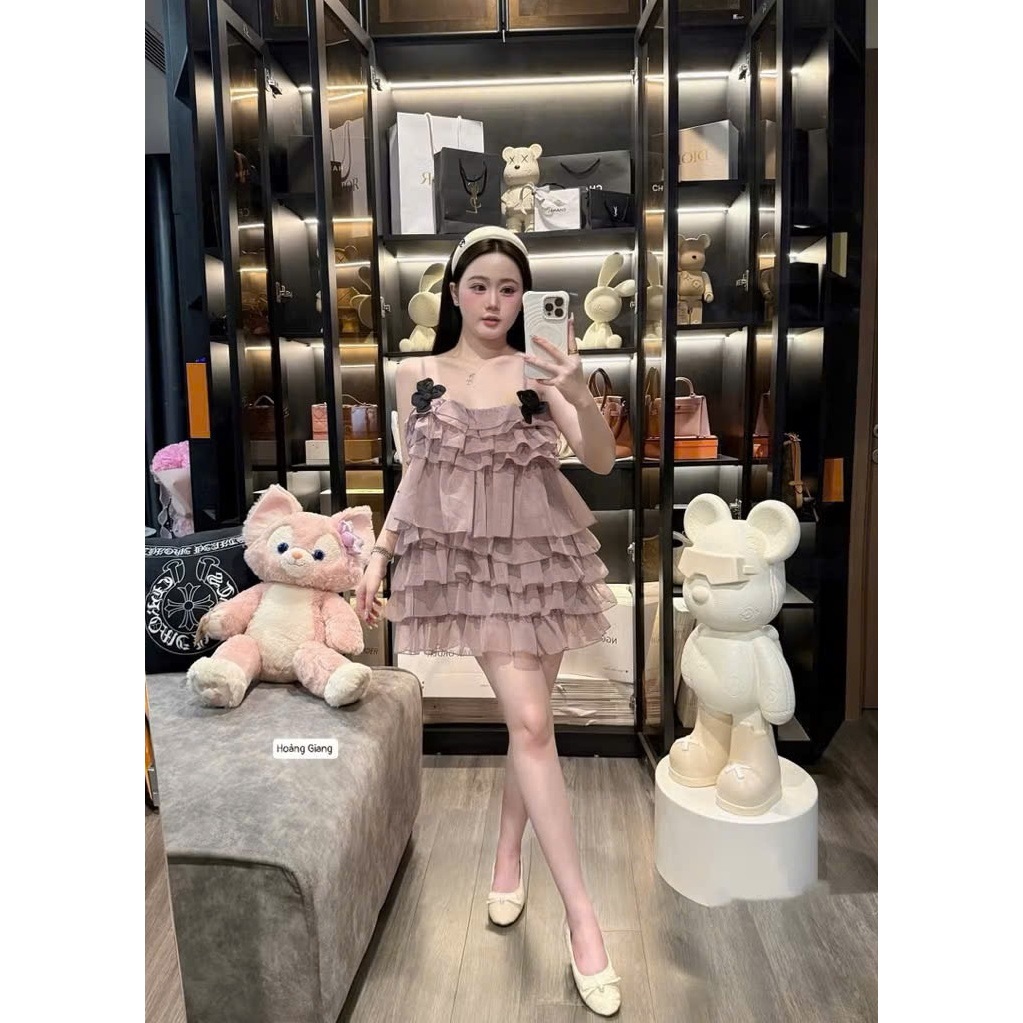 Set Bộ 2 Dây Voan Tơ Xếp Tầng Babydoll Đính Hoa Nổi 3D Kèm Quần Short Đi Chơi - CHAMIE STUDIO