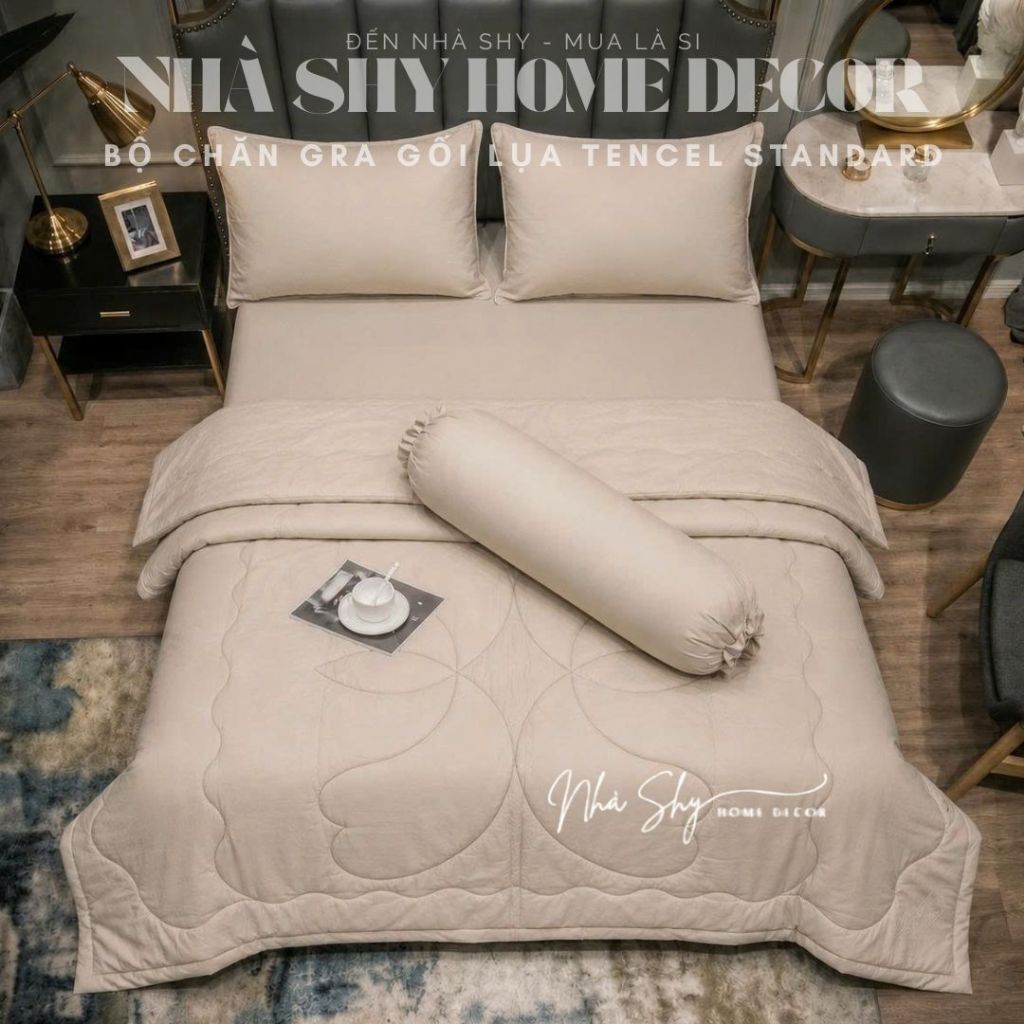 Trọn Bộ Chăn Ga Gối Lụa Tencel Standard Cao Cấp - Bộ 4 Món Không Chăn Và 5 Món Có Chăn - Nhà Shy Home Decor