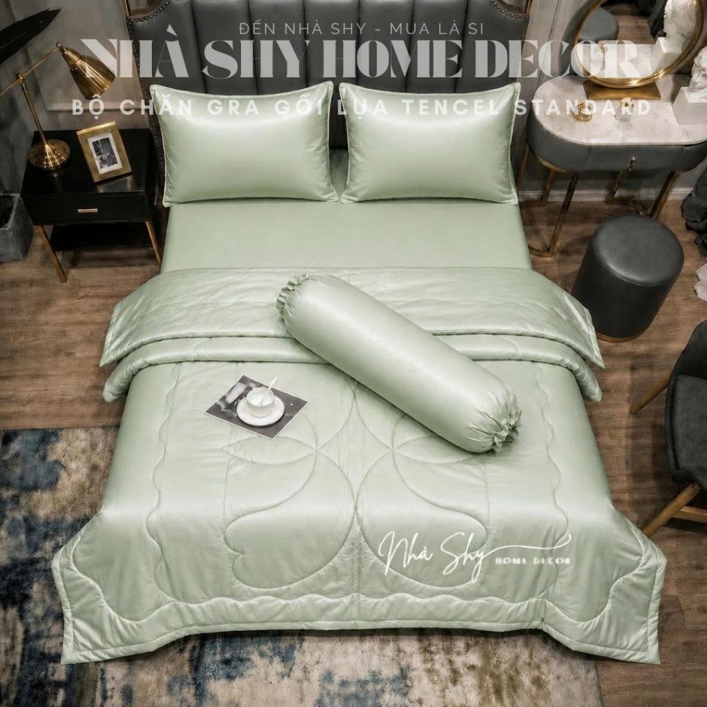 Trọn Bộ Chăn Ga Gối Lụa Tencel Standard Cao Cấp - Bộ 4 Món Không Chăn Và 5 Món Có Chăn - Nhà Shy Home Decor