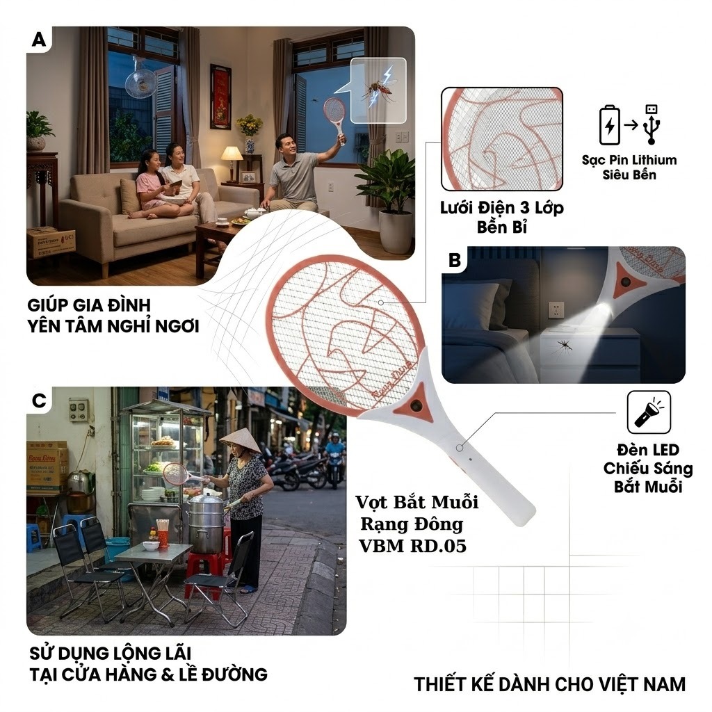 Vợt muỗi pin sạc, vợt điện bắt muỗi Rạng Đông 3 lớp có đèn led diệt muỗi hiệu quả