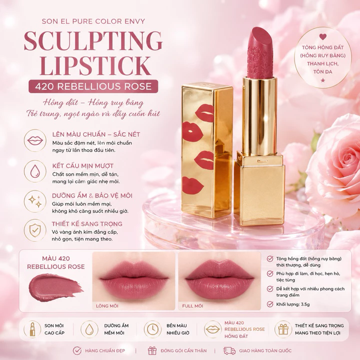 Son môi EL màu 420 Rebellious Rose hồng đất hồng ruy băng