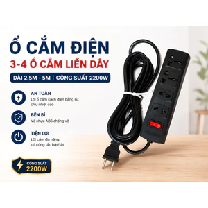 Ổ Cắm Điện Liền Dây 3-4 Ổ Cắm 2200W Dây Dài 2.5M/5M Hinoki – Lõi Sứ Chịu Nhiệt, Có Công Tắc Bật Tắt, Vỏ ABS Chống Vỡ