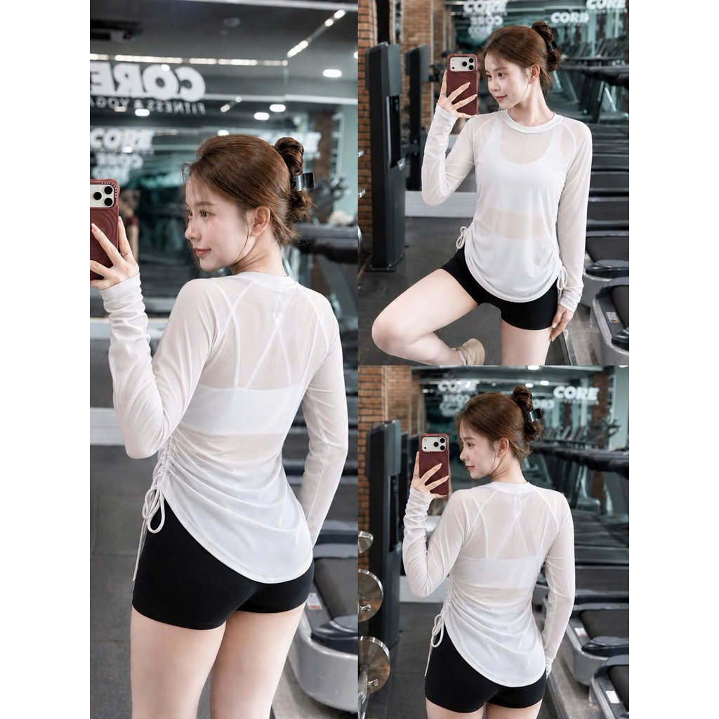 Áo lưới tập gym cổ tròn dài tay rút dây eo mặc ngoài