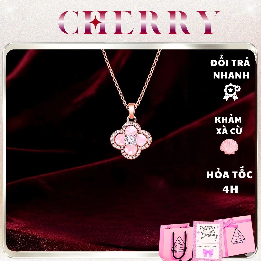 Dây chuyền bạc nữ cỏ 4 lá CHERRY JEWELRY, Vòng cổ titan mạ vàng hồng may mắn phụ kiện thời trang