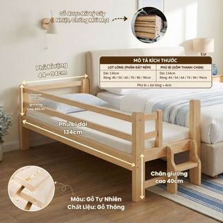 Giường Trẻ Em 1m3 | Gường Mở Rộng cho bé với Bố Mẹ có Thanh Rào Chắn, Cầu Thang, Gỗ Thông Cao Cấp