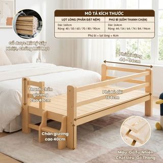 Giường Trẻ Em 1m6 | Giường cho Bé Gỗ Thông, Có Cầu Thang, Có Hàng Rào Chắn, Ghép với Bố Mẹ