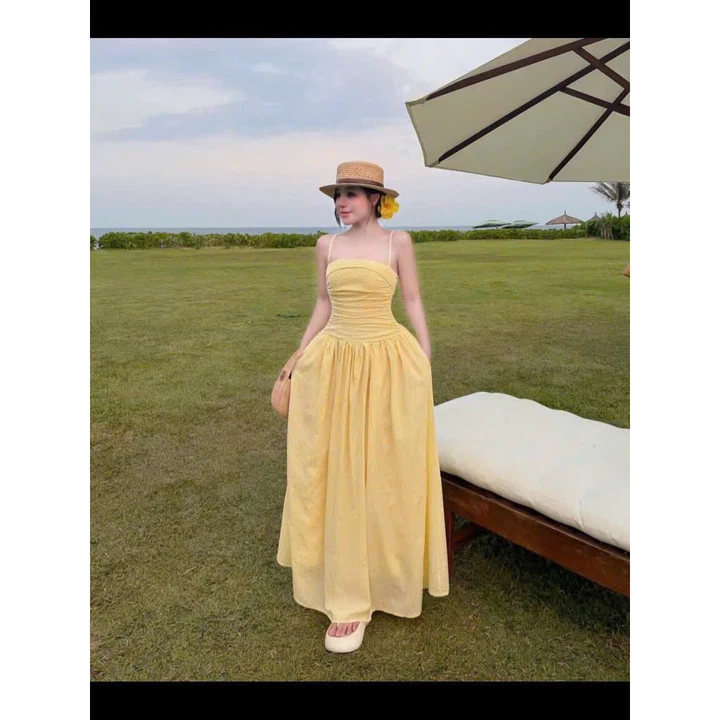 Đầm Maxi 2 Dây Nhún Ngực Xếp Ly Dáng Xòe Dài Màu Pastel Tôn Dáng Tiểu Thư