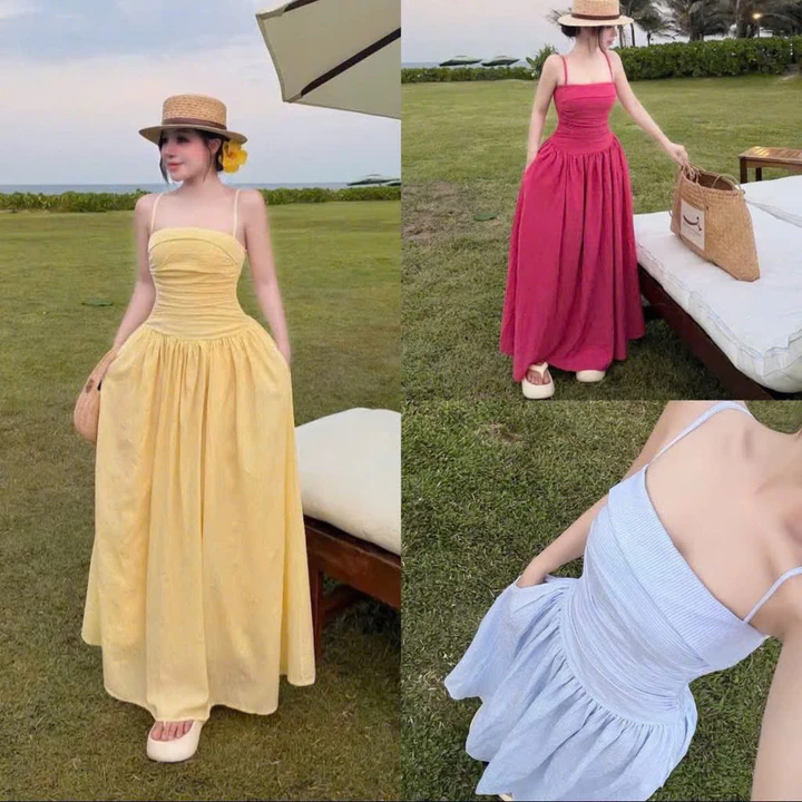 Đầm Maxi 2 Dây Nhún Ngực Xếp Ly Dáng Xòe Dài Màu Pastel Tôn Dáng Tiểu Thư