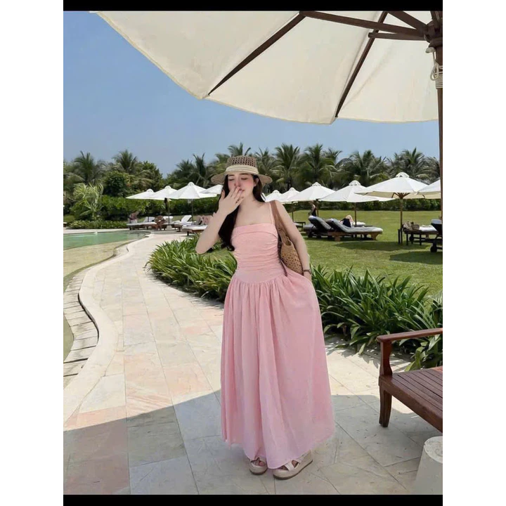 Đầm Maxi 2 Dây Nhún Ngực Xếp Ly Dáng Xòe Dài Màu Pastel Tôn Dáng Tiểu Thư