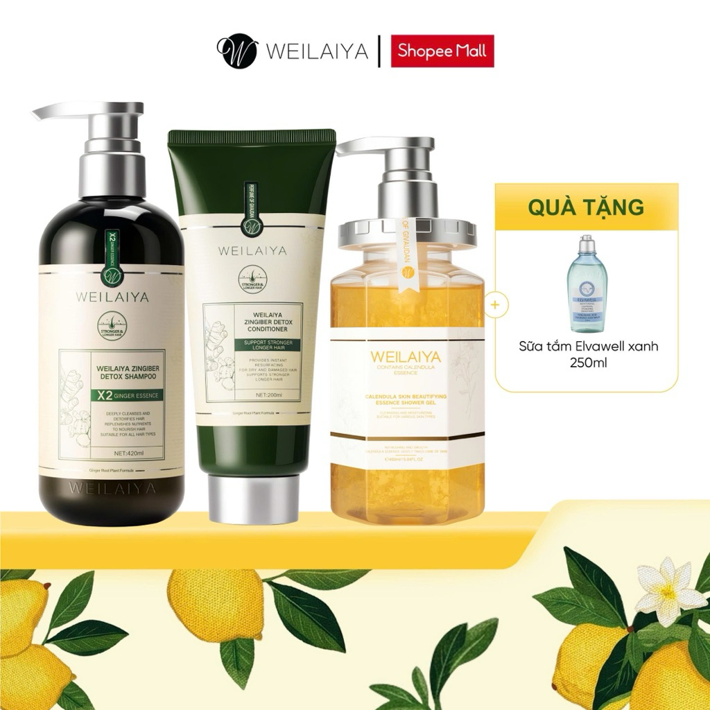Combo sữa tắm dưỡng da Weilaiya chiết xuất cánh hoa và cặp gội xả gừng Weilaiya giúp giảm rụng, hỗ trợ mọc tóc
