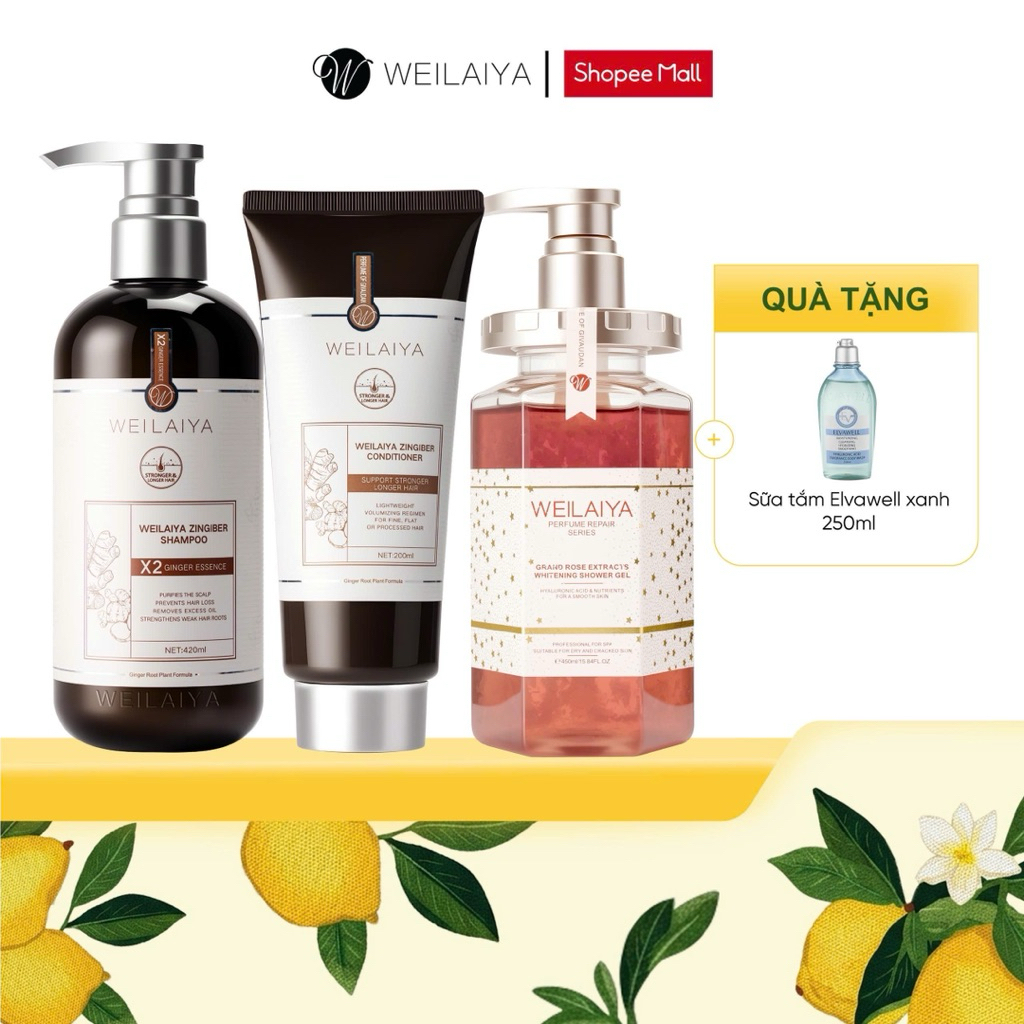 Combo sữa tắm dưỡng da Weilaiya chiết xuất cánh hoa và cặp gội xả gừng Weilaiya giúp giảm rụng, hỗ trợ mọc tóc