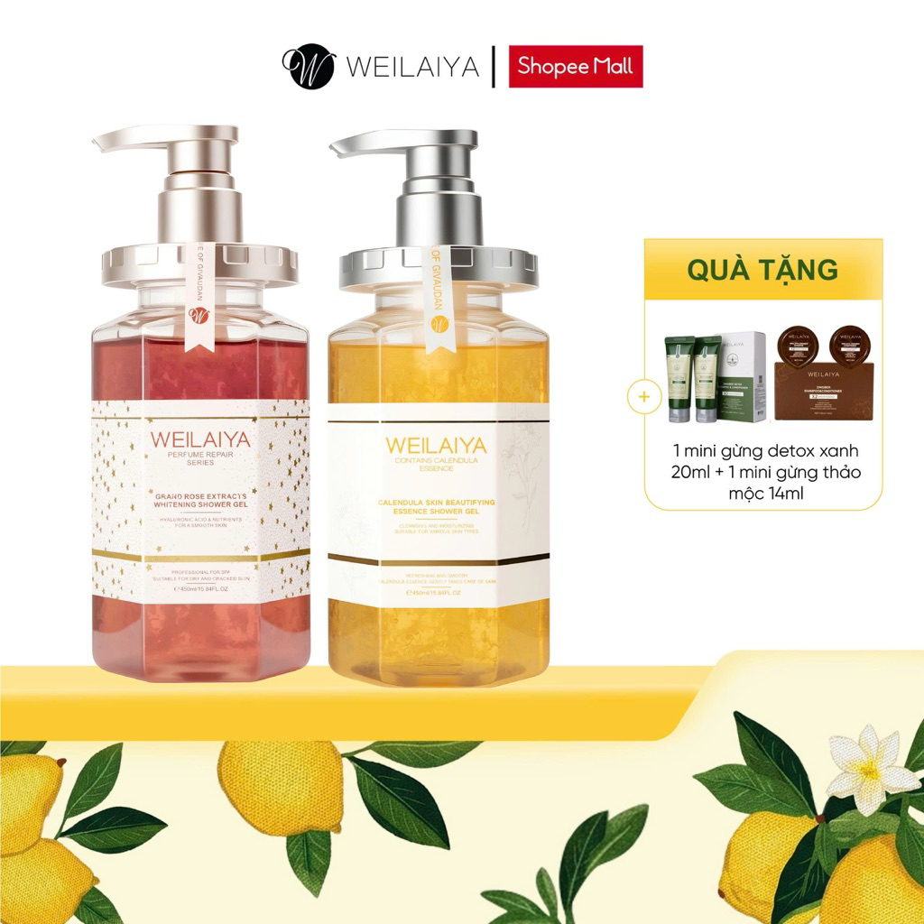 Set quà Sữa tắm trắng da cánh hoa hồng Damask 450ml và Sữa tắm trắng da, làm sạch da toàn thân Niacinamide WEILAIYA 450m