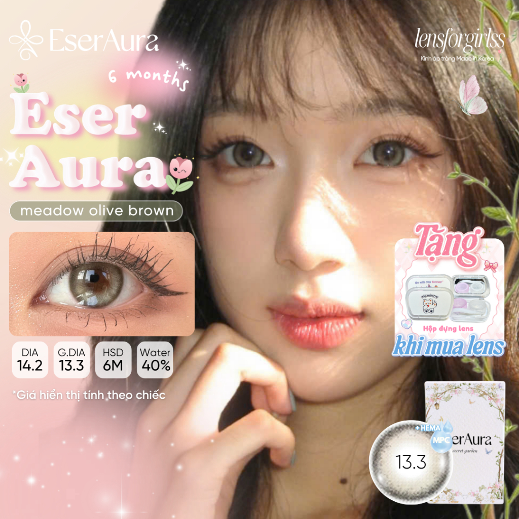 Kính áp tròng 6 tháng LENSFORGIRLSS lens mắt giãn tròng Eser Aura Meadow Olive Brown Korea