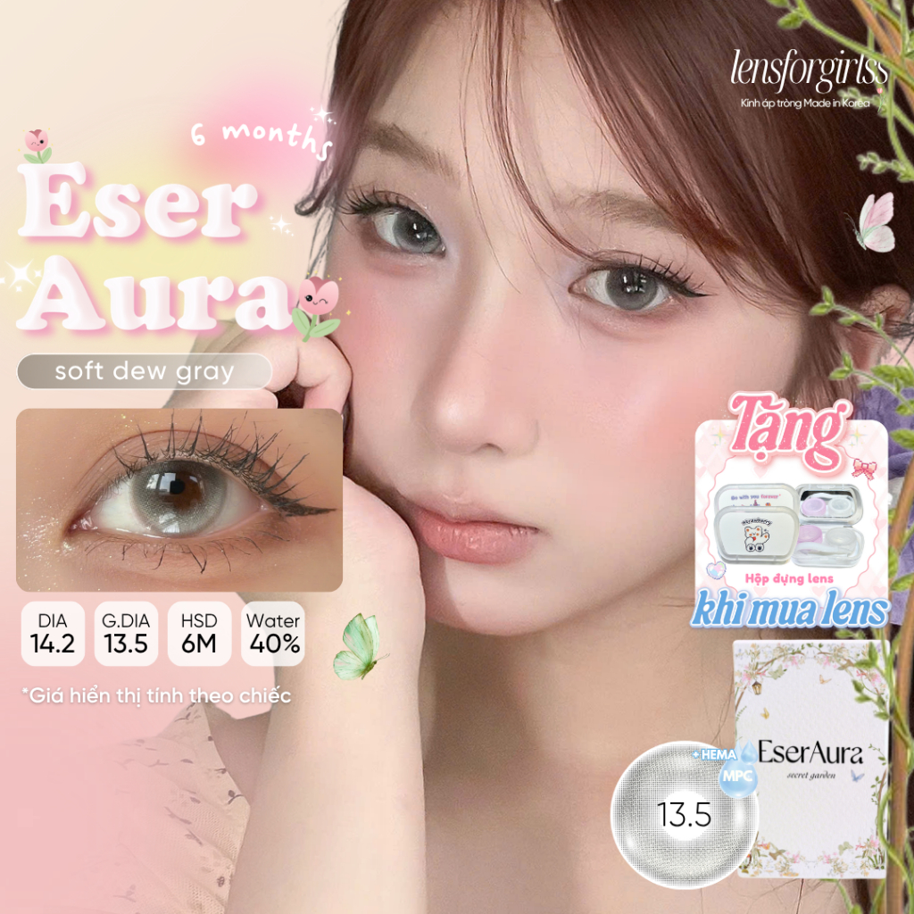Kính áp tròng 6 tháng LENSFORGIRLSS lens mắt giãn tròng xám tây Eser Aura Soft Dew Gray Korea