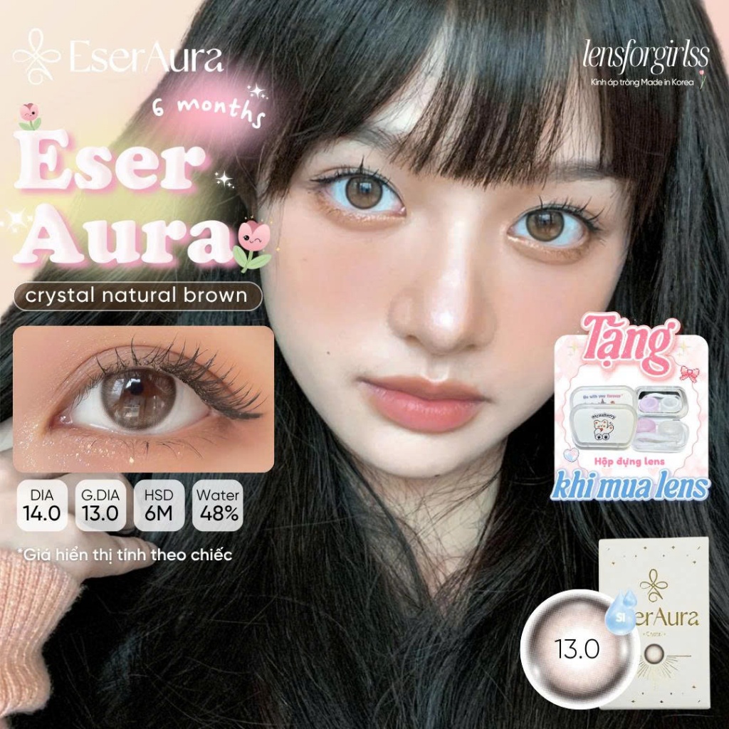 Kính áp tròng 6 tháng LENSFORGIRLSS lens mắt nâu viền tự nhiên Eser Aura Crystal Natural Brown Korea