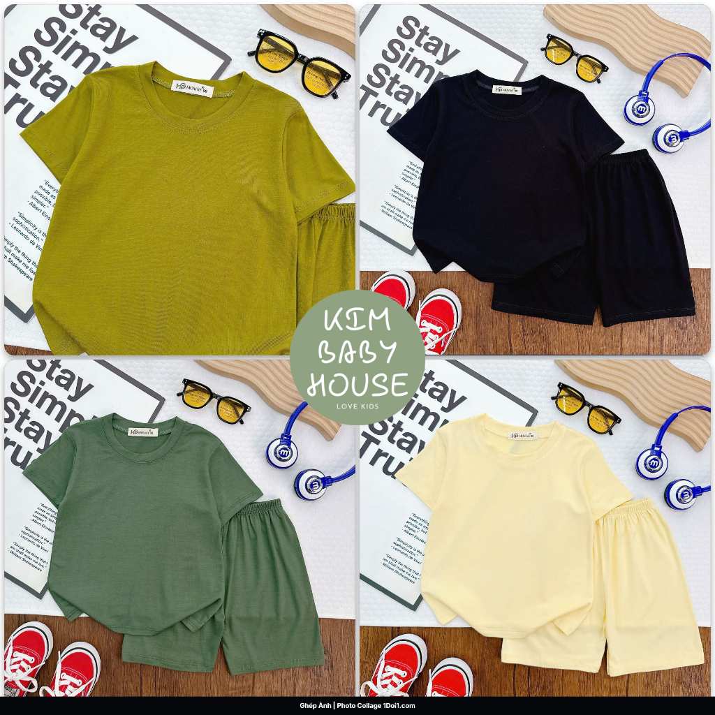 KIM093 Bộ ngắn tay trơn basic (9-30kg) vải thun lạnh mềm mát cho bé trai bé gái mặc đi học ở nhà