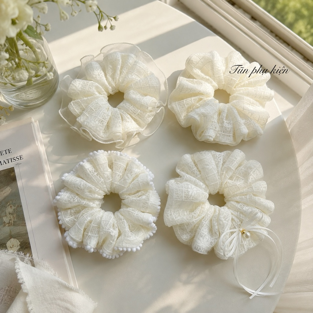 Cột scrunchies size 18cm - Mẫu ren thêu cao cấp - mẫu nhún phồng  bồng bềnh xinh xắn