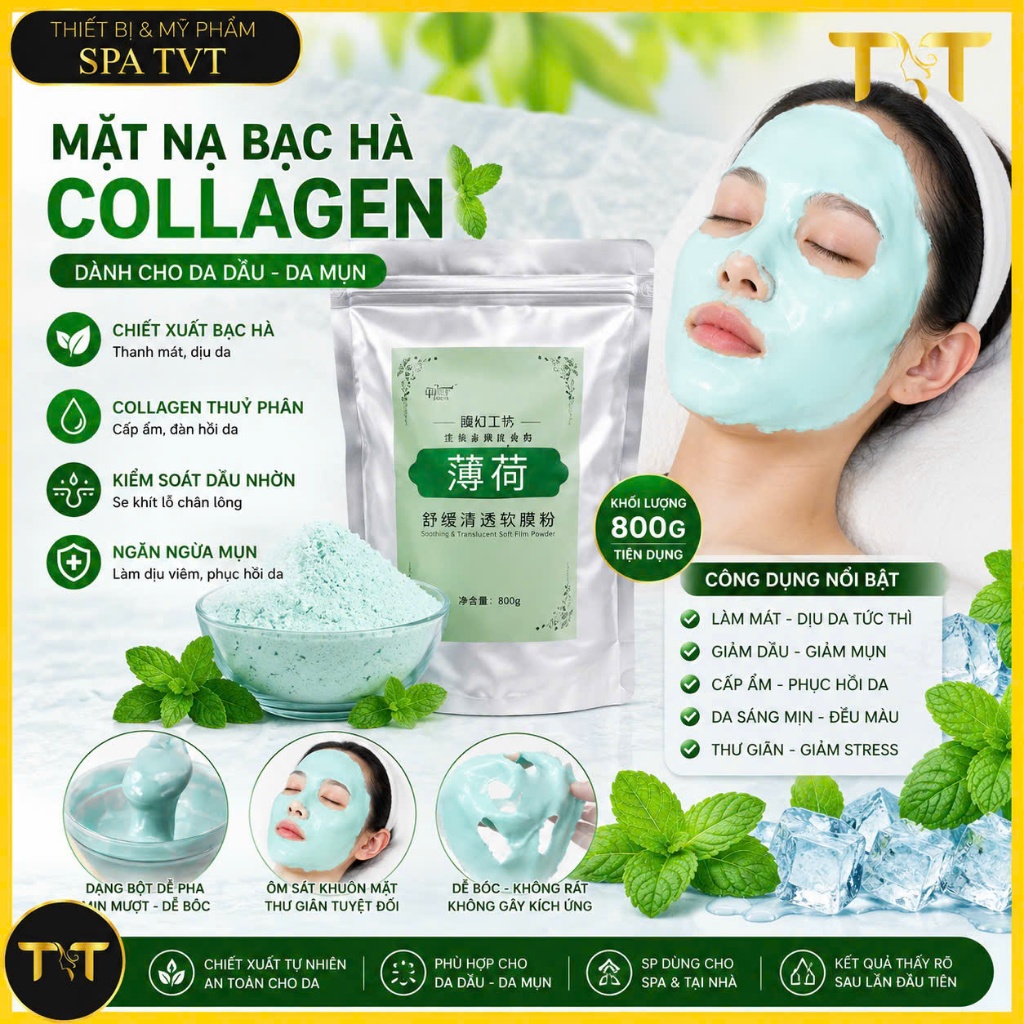 Mặt Nạ Bạc Hà Collagen Cho Da Dầu Da Mụn, Mát Lạnh Cấp Ẩm, Làm Dịu Da, Dùng Cho Spa & Cá Nhân