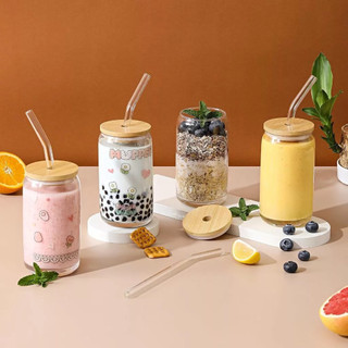 (Sz to 500ml) Set Ly Thủy Tinh Nắp Gỗ Kèm Ống Hút Cao Cấp 550ml, Cốc Đựng Matcha, Cà Phê, Nước Detox - Hibi
