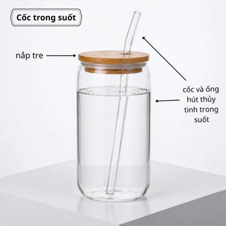 (Sz to 500ml) Set Ly Thủy Tinh Nắp Gỗ Kèm Ống Hút Cao Cấp 550ml, Cốc Đựng Matcha, Cà Phê, Nước Detox - Hibi