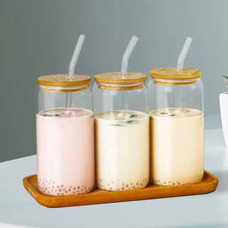 (Sz to 500ml) Set Ly Thủy Tinh Nắp Gỗ Kèm Ống Hút Cao Cấp 550ml, Cốc Đựng Matcha, Cà Phê, Nước Detox - Hibi